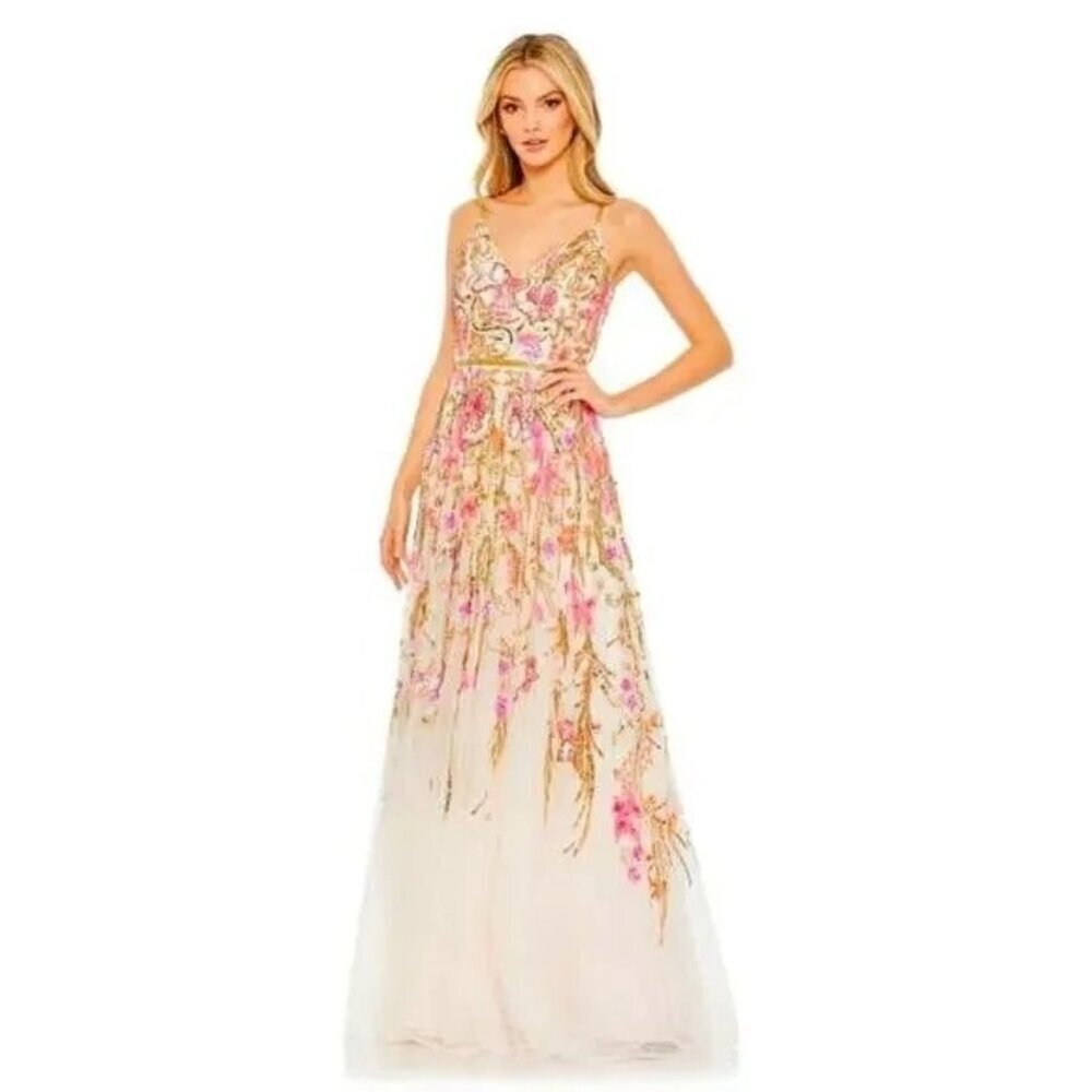 Mac Duggal 5671 V Neck Floral Embellished Evening Gown Maxi US 16 NWT Oyster - Picture 2 of 8